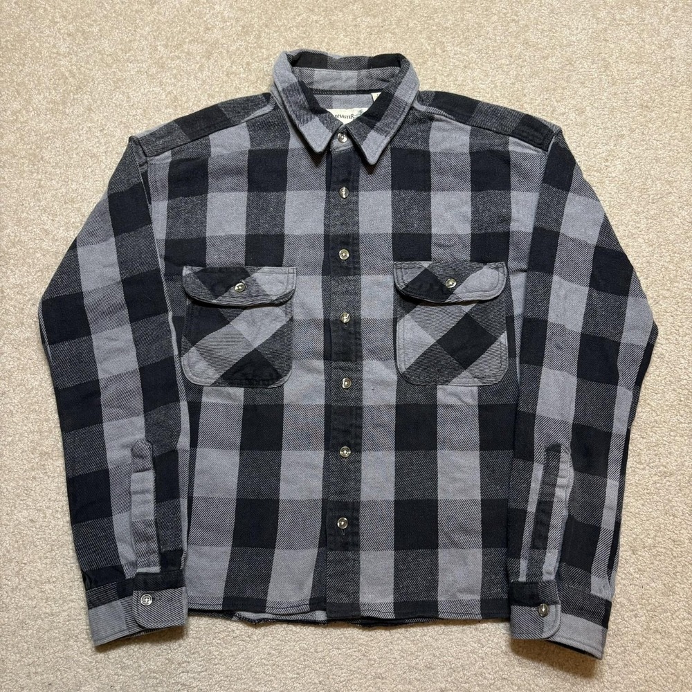 Vtg Fieldmaster Shirt Mens Small Black Gray Plaid Flannel Button Up Cotton 90s